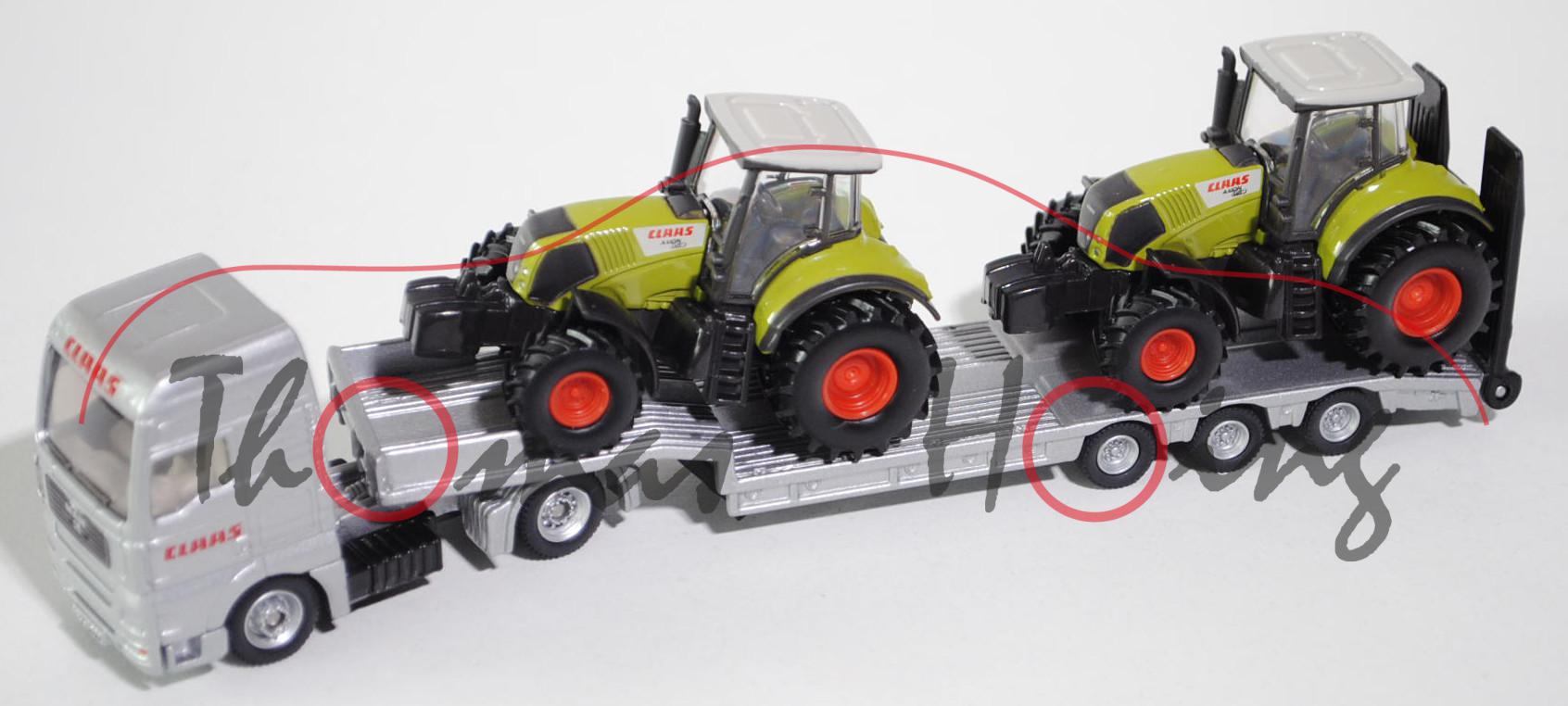 00401 MAN TGA Tieflader mit Claas AXION 850 Traktoren, silber + claasgrün/cremeweiß, 1:87, Werbebox