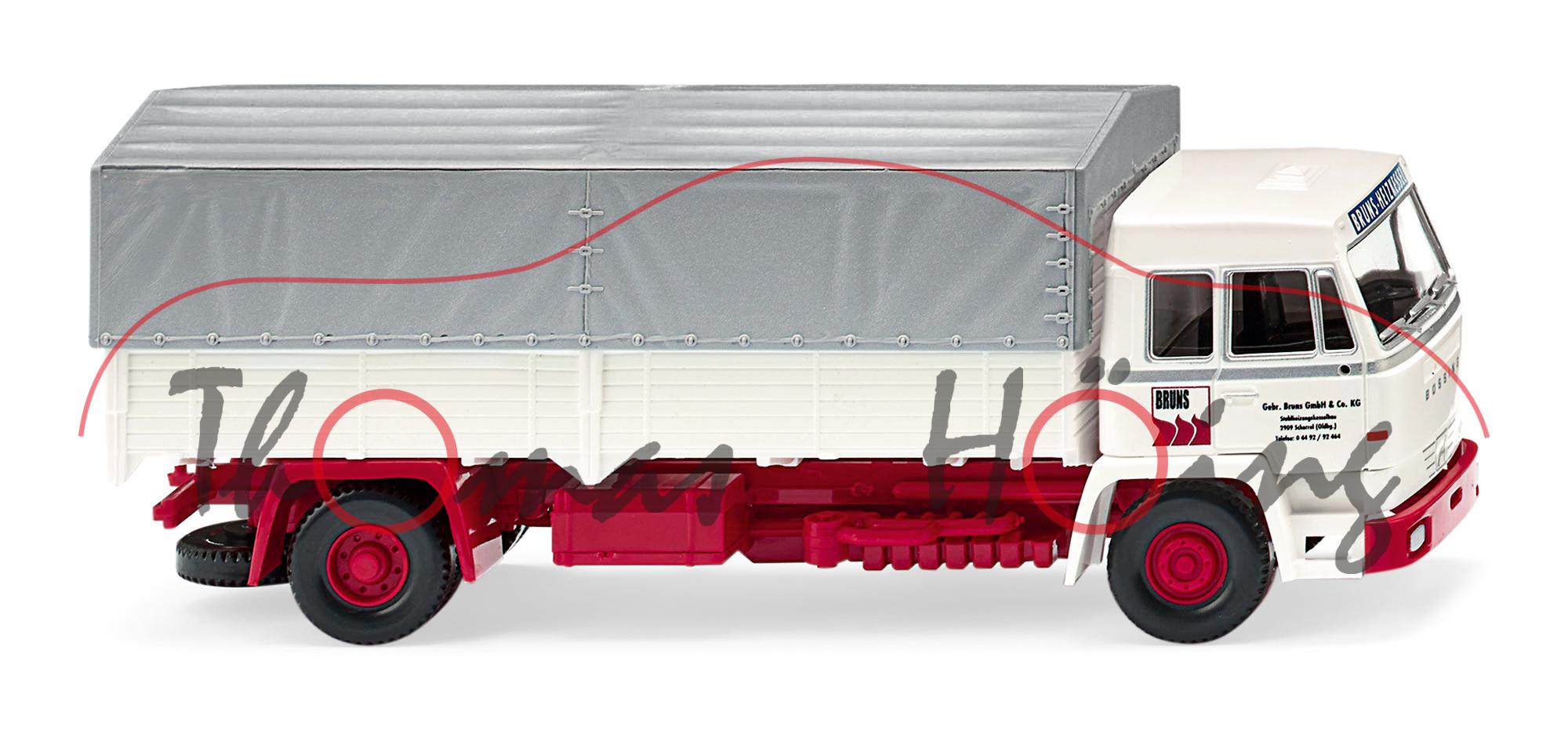 Büssing BS 16L (Modell 1971-1973) Pritschen-LKW, weiß, BRUNS HEIZKESSEL, Wiking, 1:87, mb