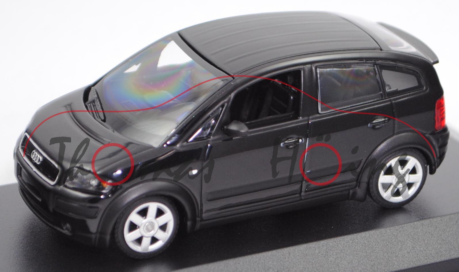 Audi A2 (Typ 8Z, Vorfacelift, Modell 2000-2003), ebonyschwarz perleffekt, Maxichamps, 1:43, PC-Box