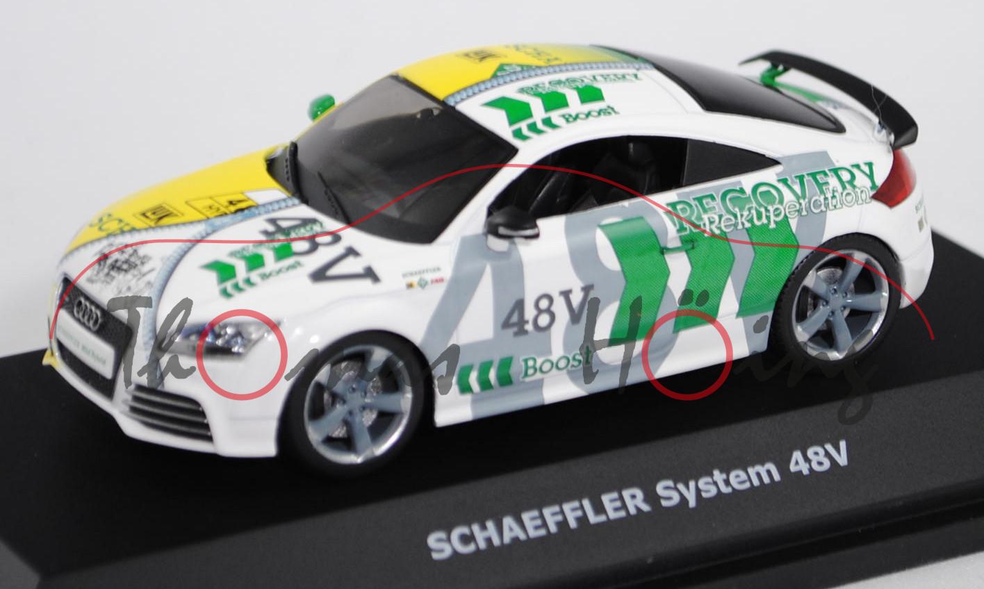 Audi TT RS Coupé (Typ 8J, Modell 2009-2014), reinweiß/zinkgelb/minzgrün, SCHAEFFLER System 48V-Hybri