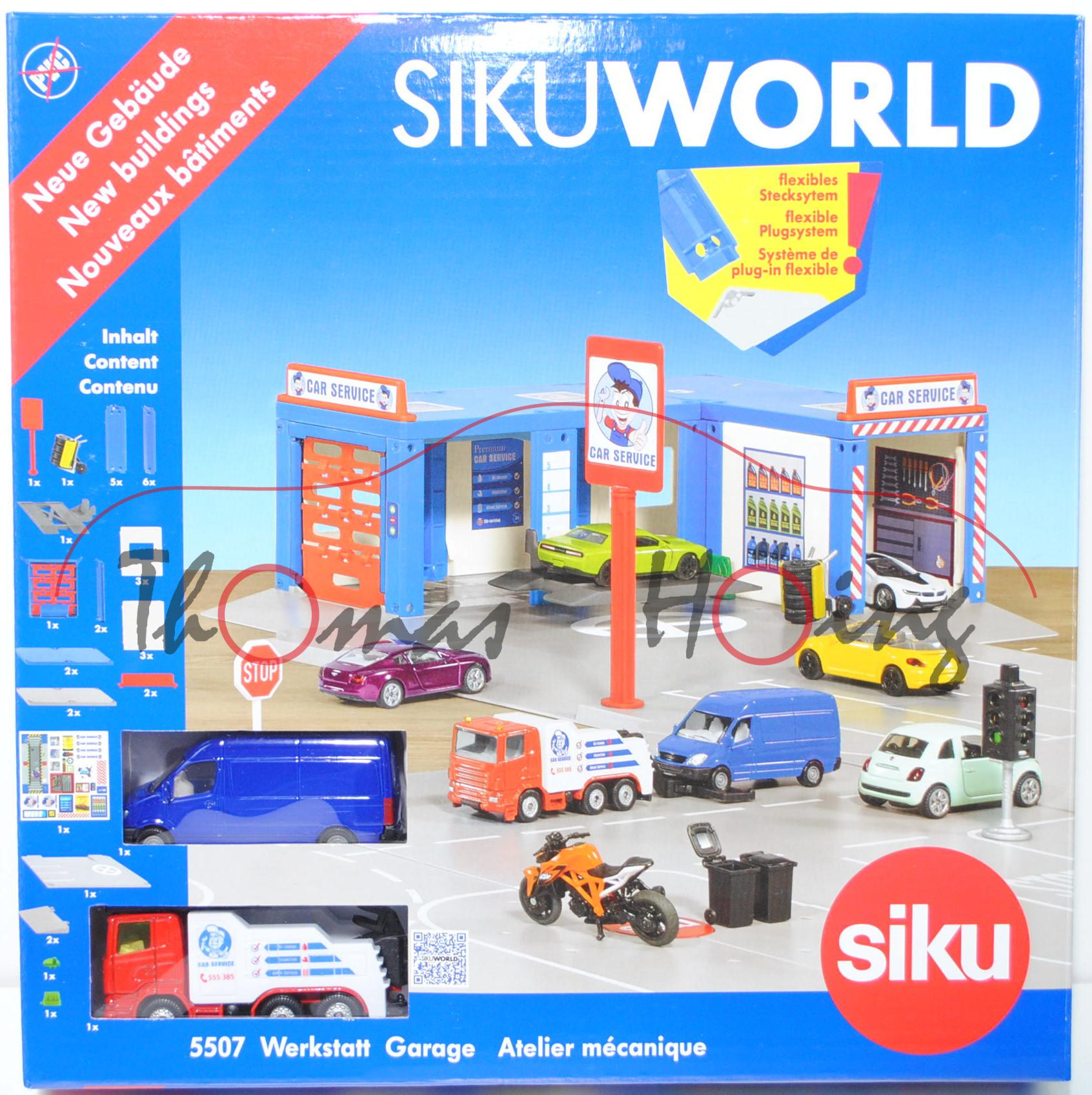 00000 SIKU WORLD Werkstatt mit Hebebühne, Werkstattgebäude mit Rolltor, Transportkarre, L18