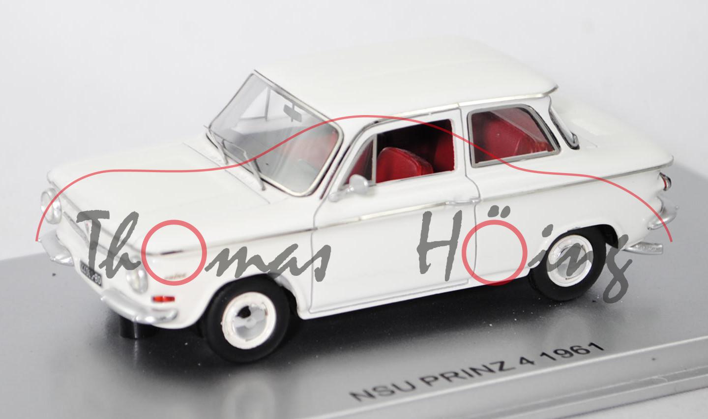 NSU Prinz 4 (Typ 47, Modell 1961-1967, Baujahr 1961), cremeweiß, innen rot, KESS, 1:43, PC-Box (Limi