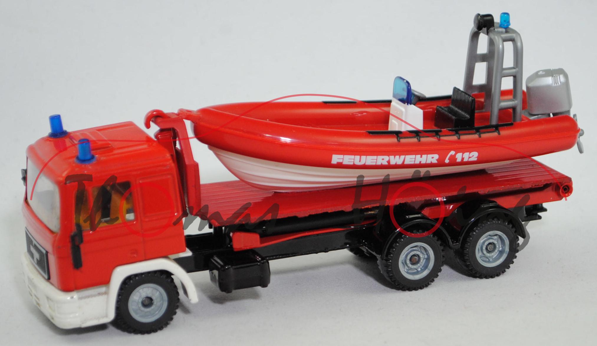 MAN 24.362 6x2 (Typ F90, Modell 1986-1990) Abrollkipper MULTILIFT XR T, verkehrsrot, Ladegut Boot: FEUERWEHR C 112, SIKU, 1:55, Umbau