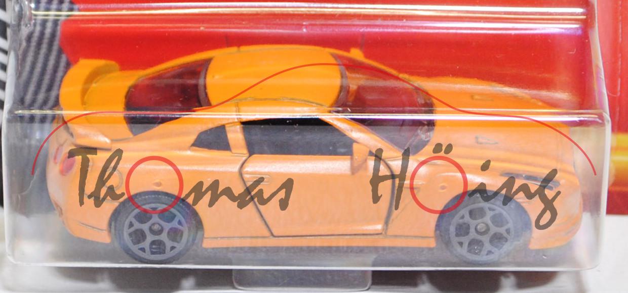 Nissan GT-R (Typ R35) (Nr. 214D), Modell 2007-2010, mattgelborange, majorette, 1:61, Blister