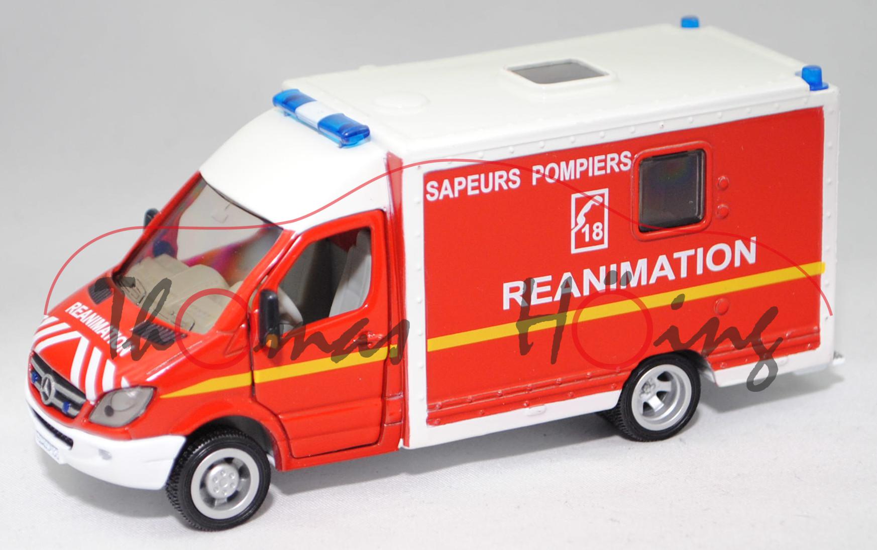 00100 F RTW MB Sprinter II (Mod. 06-09) mit Kofferaufbau, rot/weiß, SAPEURS POMPIERS, SIKU, L17mK