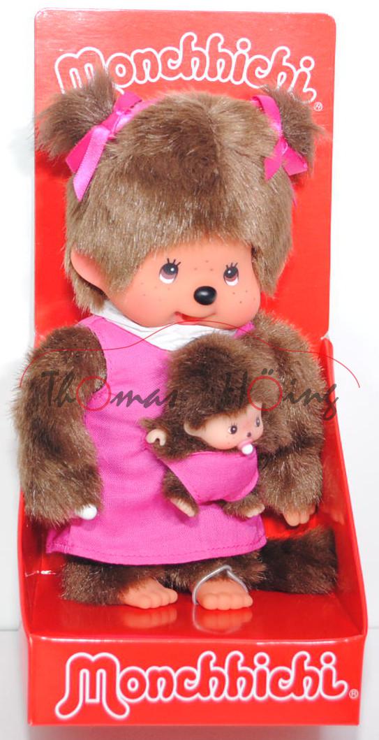 Monchhichi Mother Care Pink (Mutter mit Kind im pinkem Kleid), 20 cm groß, Sekiguchi