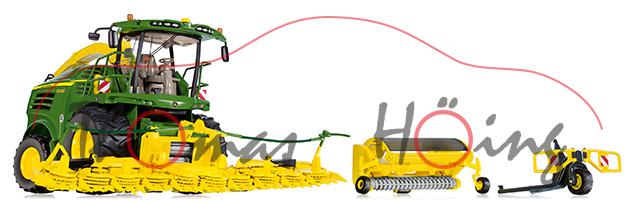 John Deere 8500i Feldhäcksler (Modell 2014-) mit Kemper Maisgebiss und Pick-up, grün, Felgen gelb
