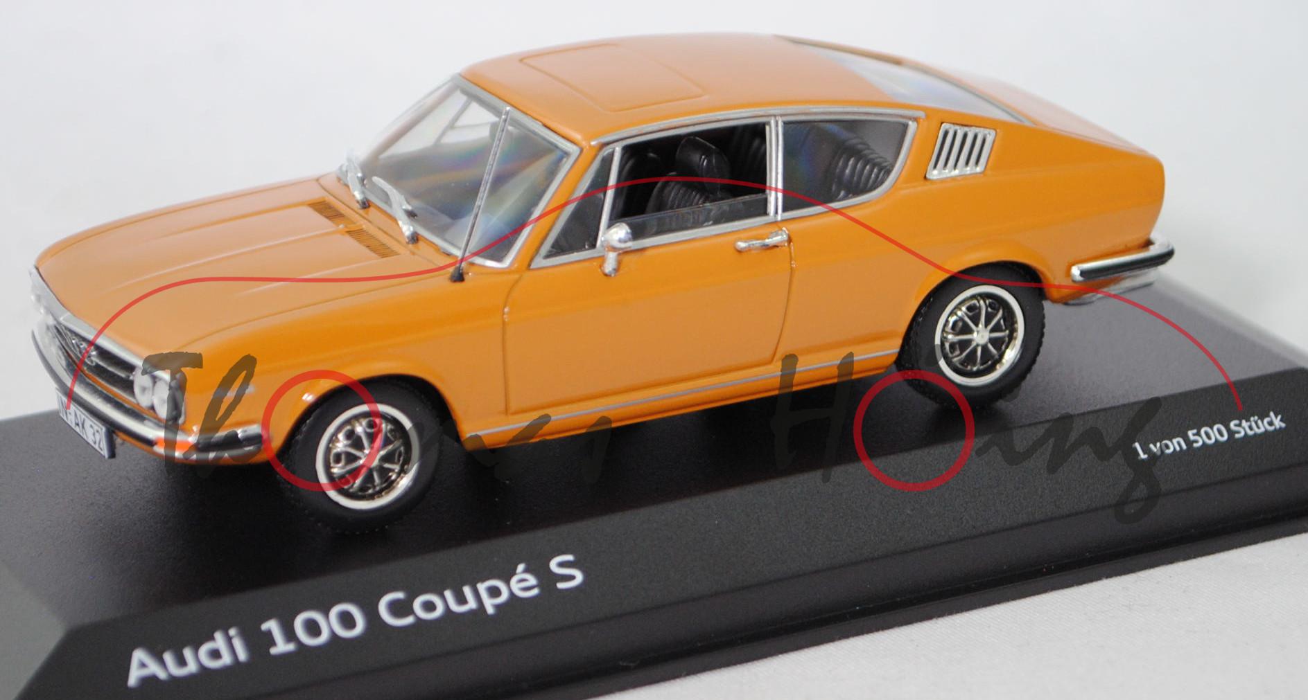 Audi 100 Coupé S (Baureihe C1, Typ F105, Modell 1970-1971), tibetorange, Minichamps, 1:43, Werbebox