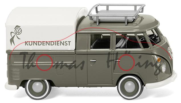 VW T1 DoKa Doppelkabine Pritschenwagen mit Plane (Typ 2 T1, Mod. 1963-1967), moosgrau, Wiking, 1:87