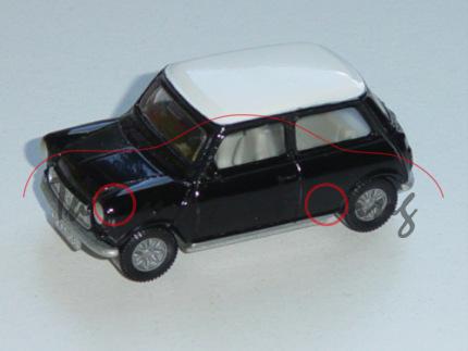 00001 Mini Cooper (Typ MK VI), Modell 1992-1996, schwarz, Dach reinweiß, innen hellgrau, Lenkrad sch