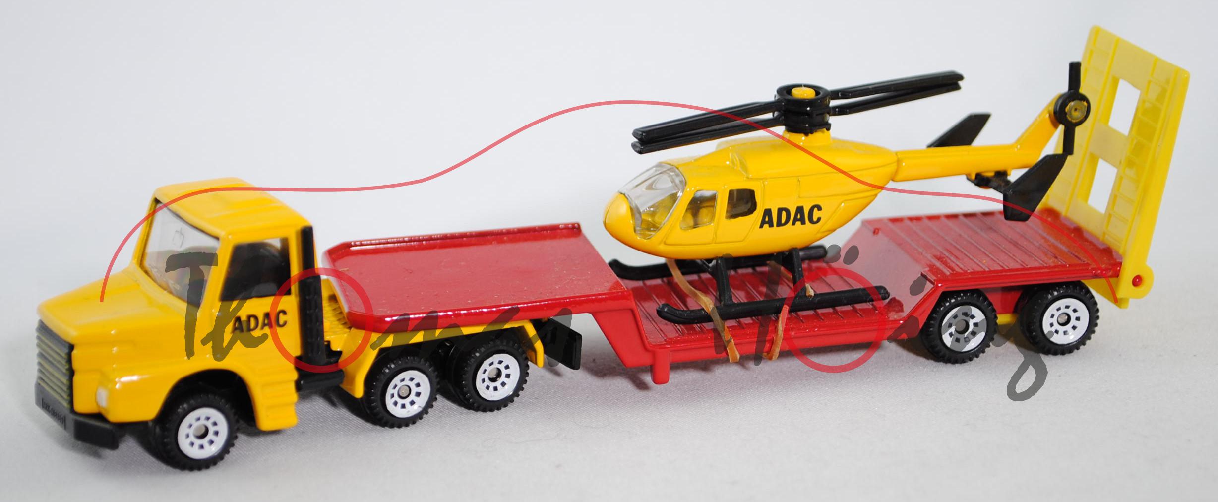 00002 Scania T143H-400 (Typ Serie 3, Mod. 88-91) Tieflader mit ADAC-Hubschrauber MBB Bo 105 CBS-5 Su