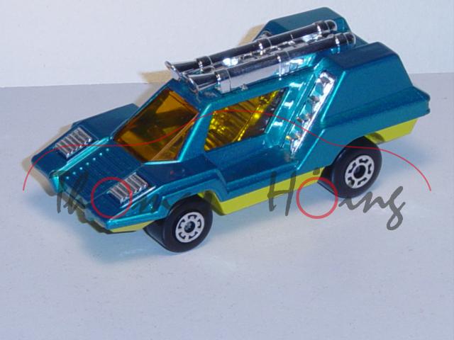 Cosmobile, wasserblaumetallic, Chassis zinkgelb, innen chrom, Verglasung orange, Matchbox Series