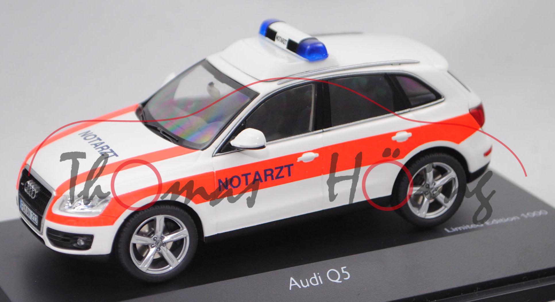 Audi Q5 3.0 TDI quattro (Typ 8R, Modell 2008-2012) Notarzt, weiß, NOTARZT, Schuco, 1:43, PC-Box (m-)