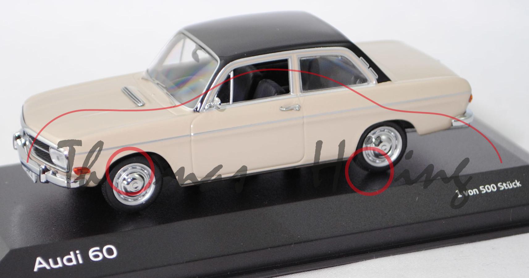 Audi 60 L (Baureihe F103, Modell 1970-1972), chinchila / schwarz, Minichamps, 1:43, Werbeschachtel