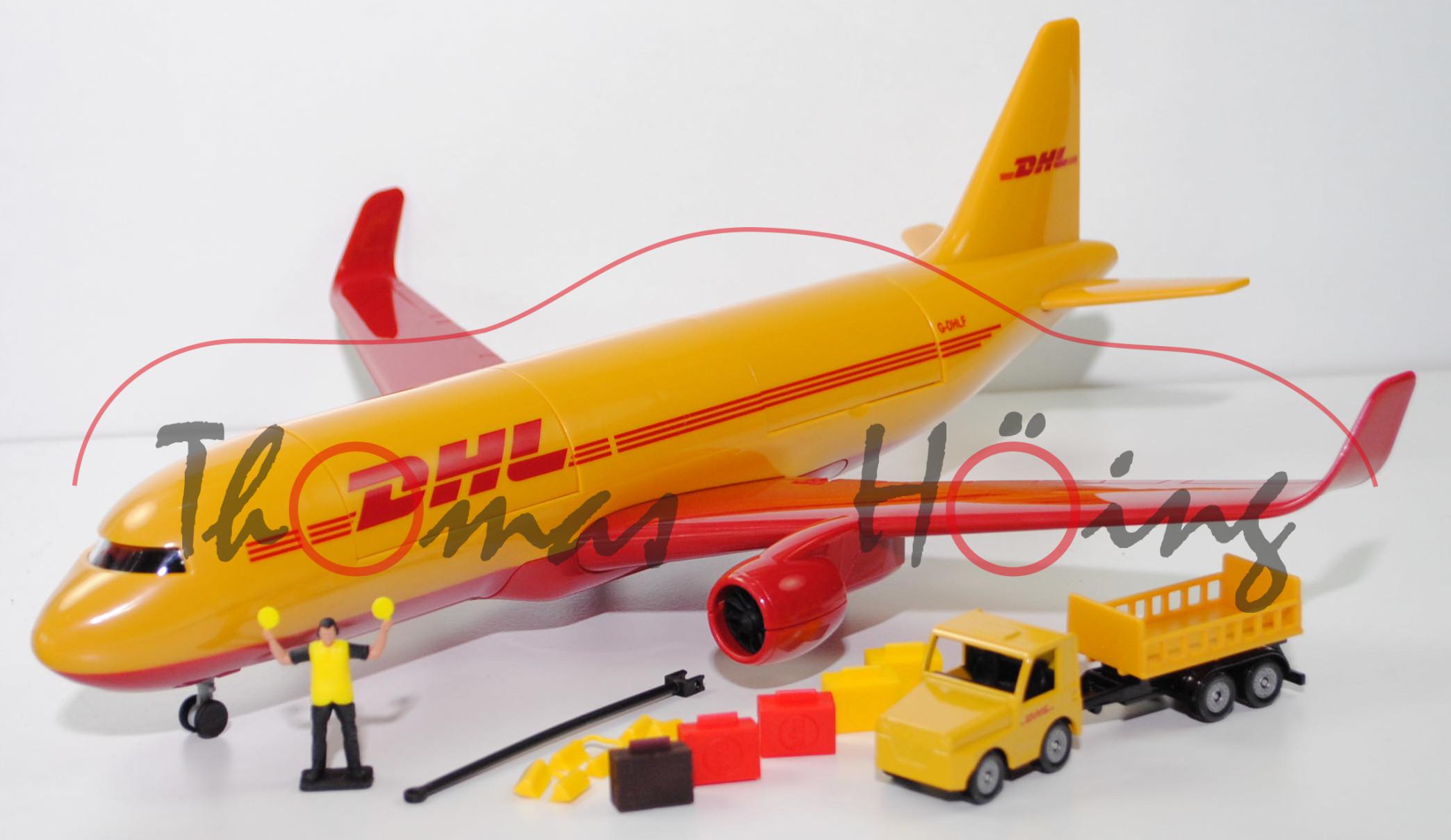 00000 DHL Frachtflugzeug Airbus A320neo mit Zubehör, goldgelb/verkehrsrot, DHL / G-DHLF, SIKU WORLD, L16K