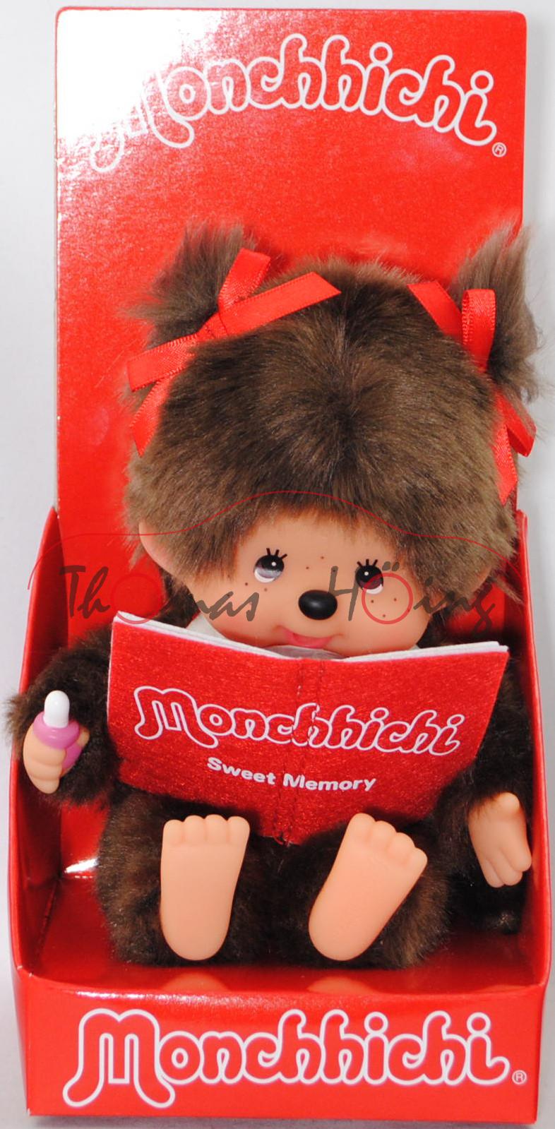 Monchhichi sitting book reading Girl (sitzendes Mädchen mit Fotoalbum), 20 cm groß, Sekiguchi