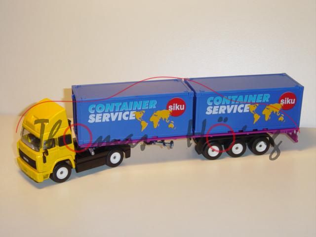 Iveco TurboStar Container-LKW, signalgelb/schwarz/verkehrspurpur, CONTAINER / SERVICE / siku-Logo, n