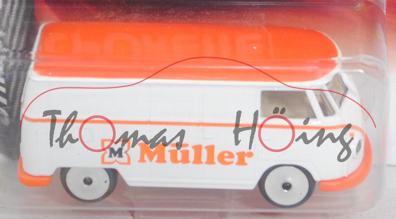 VW Transporter Kastenwagen (Typ 2 T1, Mod. 1960-1963), weiß/orange, Müller, majorette, 1:59, Blister