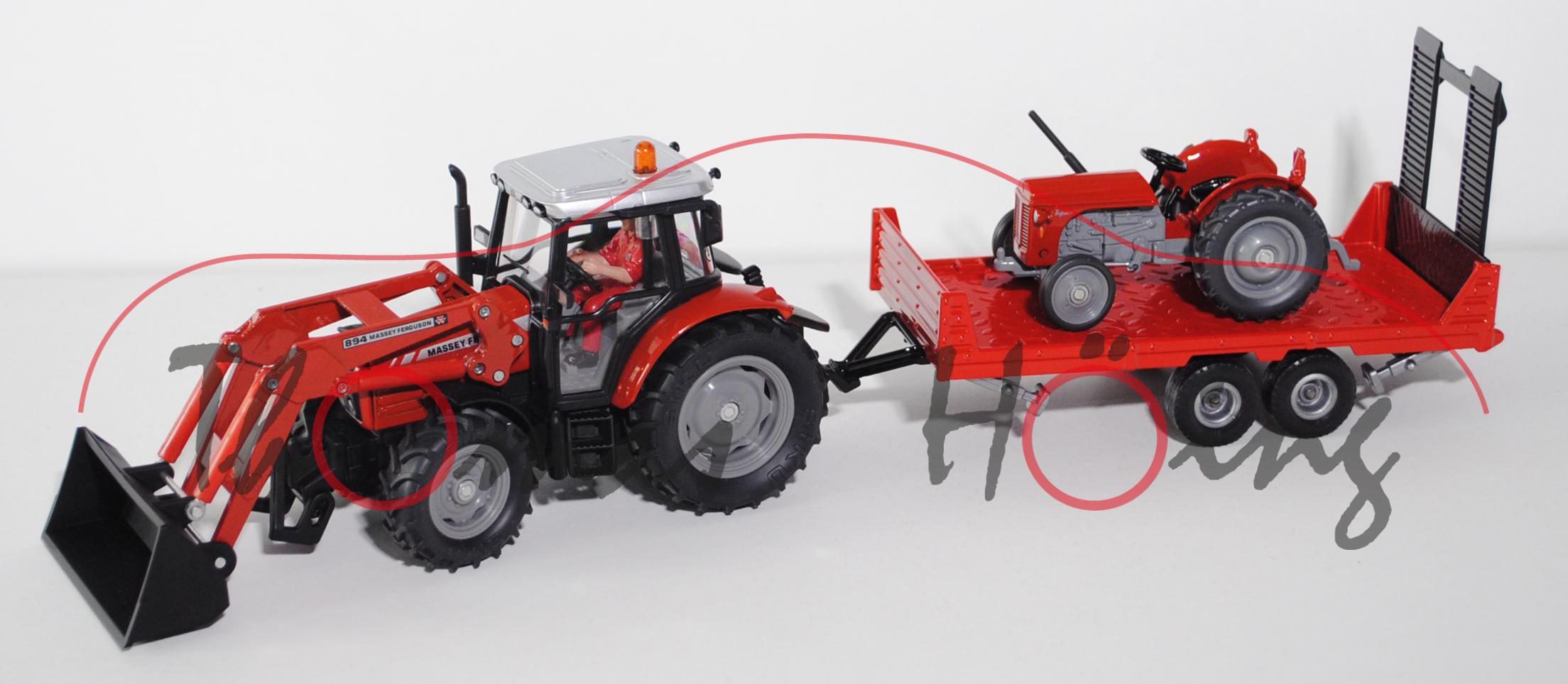 Massey Ferguson MF 894 mit Schaufellader, Tandemachsanhänger und Ferguson TE, feuerrot/mattschwarz u