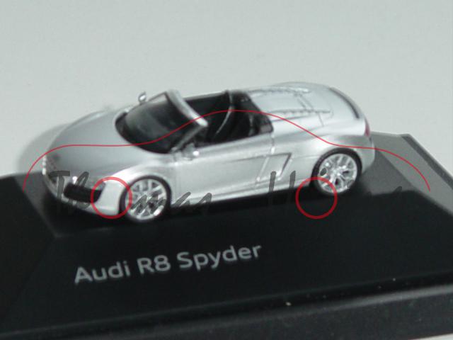 Audi R8 Spyder 5.2 FSI, Mj. 2010, eissilber, innen schwarz, Herpa, 1:87, Werbeschachtel