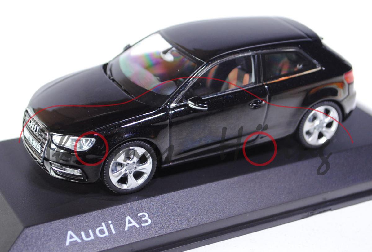 Audi A3 Dreitürer (Typ 8V, Modell 2012-2016), phantomschwarz perleffekt, Schuco, 1:43, Werbebox