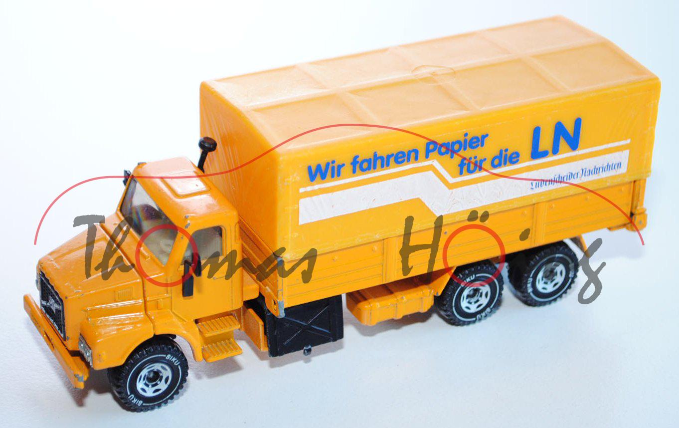 Volvo F 10 Turbo 6 LKW mit Pritsche, melonengelb, Wir fahren Papier / für die LN / Lüdenscheider Nac