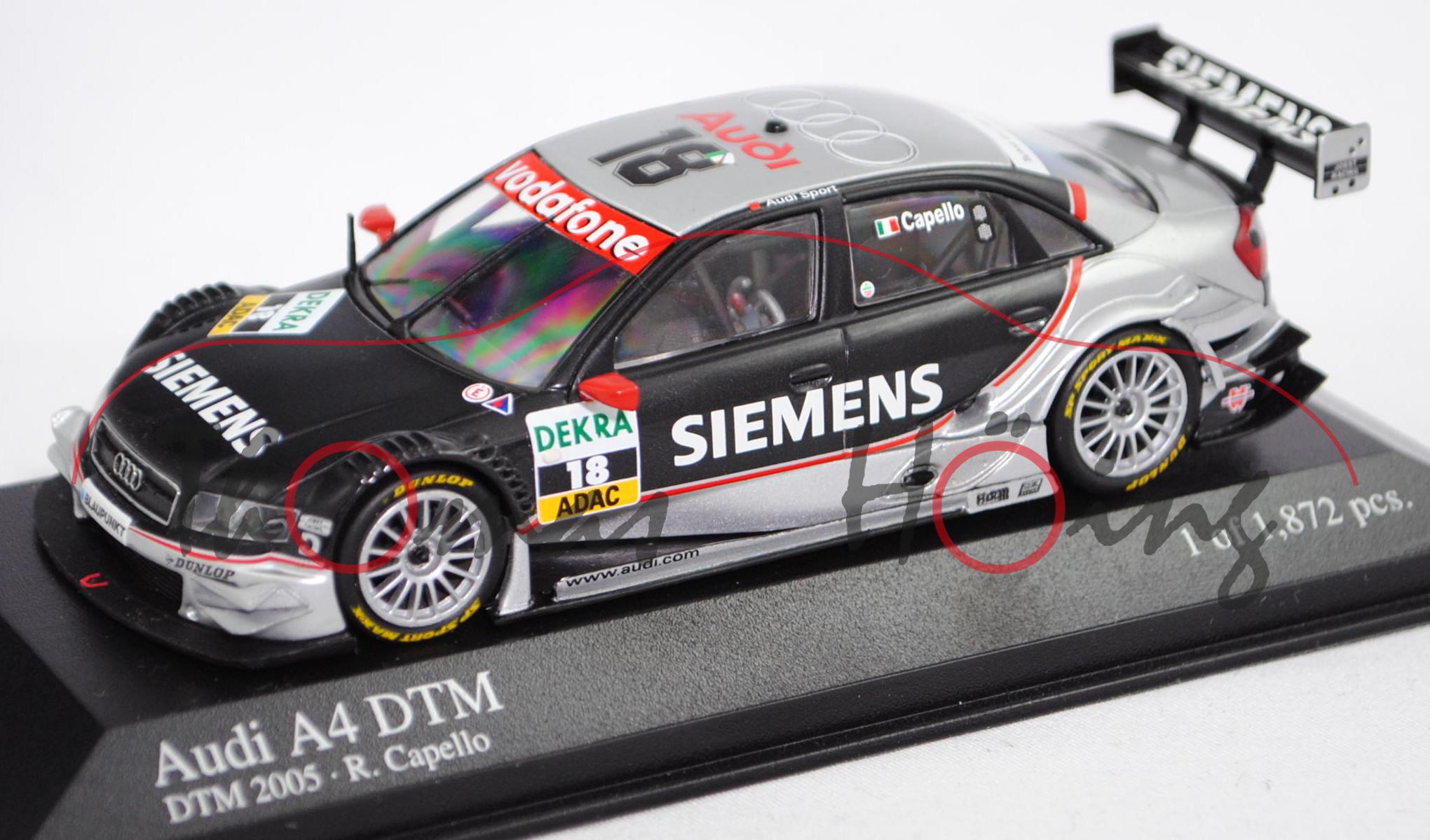 Audi A4 DTM 2004 (B6, Typ 8E2 / R11), silber/schwarz, DTM 2005, R. Capello, Nr. 18, Minichamps, 1:43