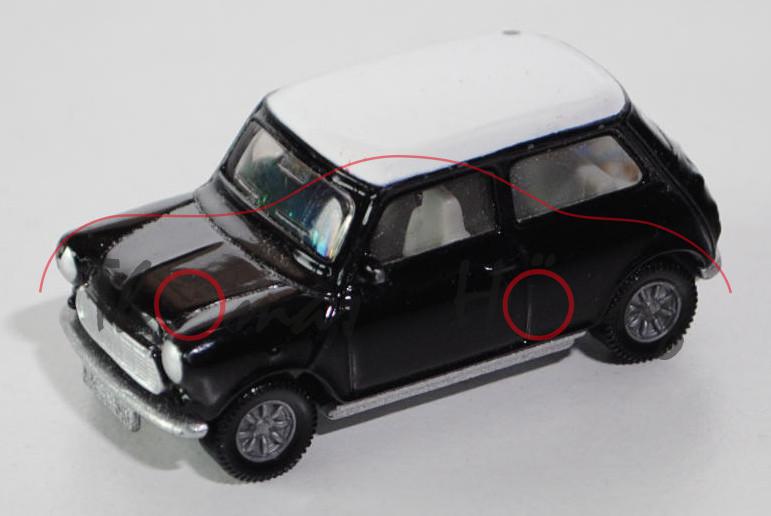 00001 Mini Cooper (Typ MK VI), Modell 1992-1996, schwarz, Dach reinweiß, innen hellgrau, Lenkrad sch