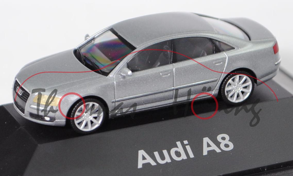 Audi A8 4.2 FSI quattro (D3, Facelift 1, Mod. 2005-2006), atlasgrau metallic, Herpa, 1:87, Werbebox