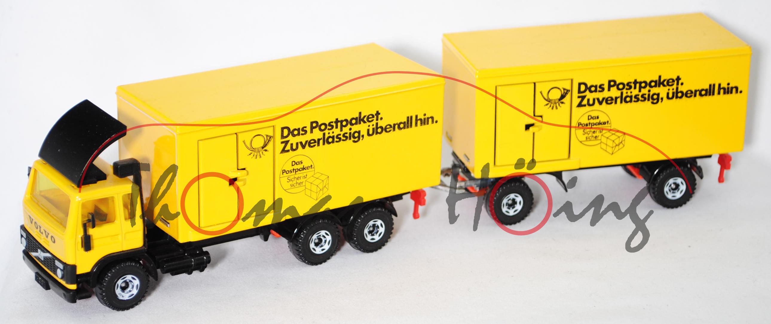 00000 Volvo F7 Turbo 6 (Mod. 78-84) DBP Lastzug mit Kofferaufbau, gelb/schwarz, Das Postpaket.