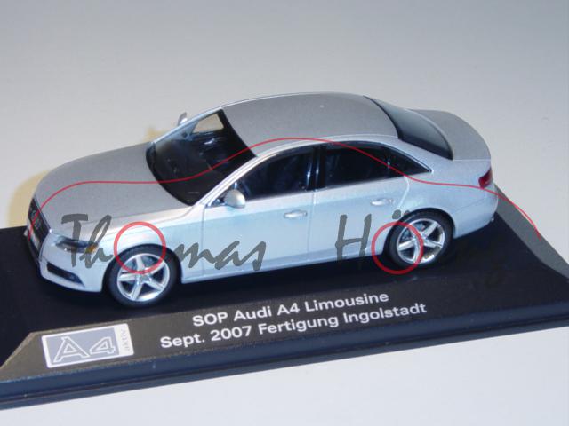 Audi A4, Mj. 2008, eissilber, SOP Audi A4 Limousine / Sept. 2007 Fertigung Ingolstadt, Minichamps, 1