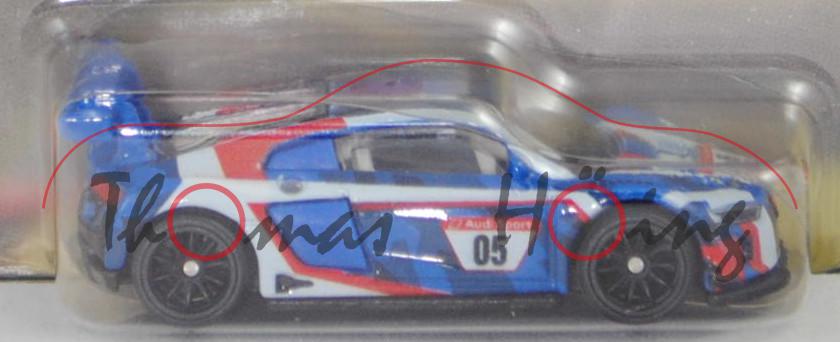 Audi R8 LMS GT3 (Modell 2015-2019), blau/reinweiß/rot, Startnummer 05, Hot Wheels, 1:66, Blister