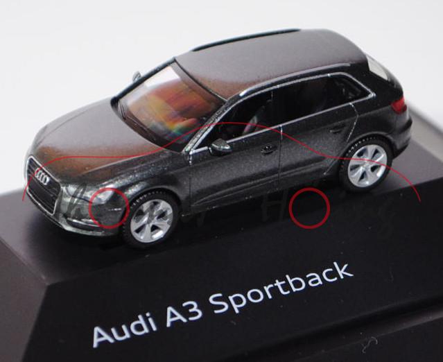 Audi A3 Sportback (Typ 8VA), Modell 2013-, daytonagrau, Herpa, 1:87, Werbeschachtel (kleine Ecke der