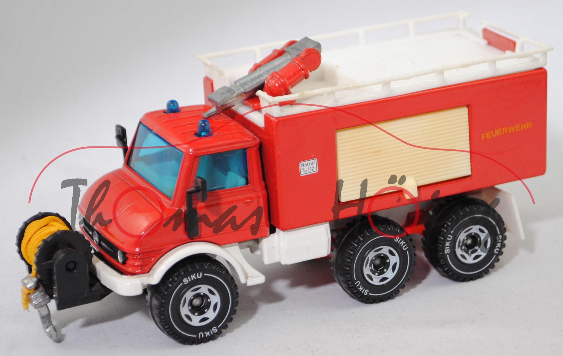 00001 Umbau Mercedes-Benz Unimog U125 (Modell 1970-1988) Löschfahrzeug ohne Flutlicht-Anhänger, rot/weiß, Notruf / C 112 / FEUERWEHR, SIKU, 1:55