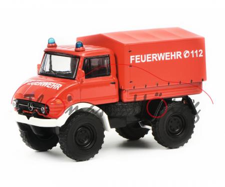 Mercedes-Benz Unimog U 84 (BR 406, Mod. 71-88) Feuerwehr mit Plane, rot/schwarz, Schuco, 1:64, mb