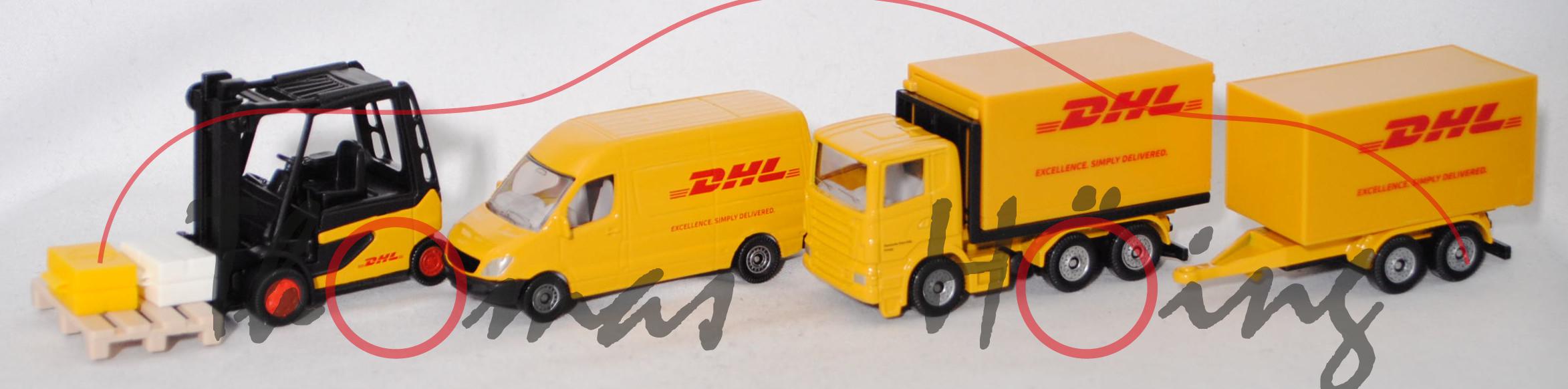 00002 DHL Geschenkset: Linde E35/600H + MB Sprinter + Catering-Hubfahrzeug, SIKU, L17mpK