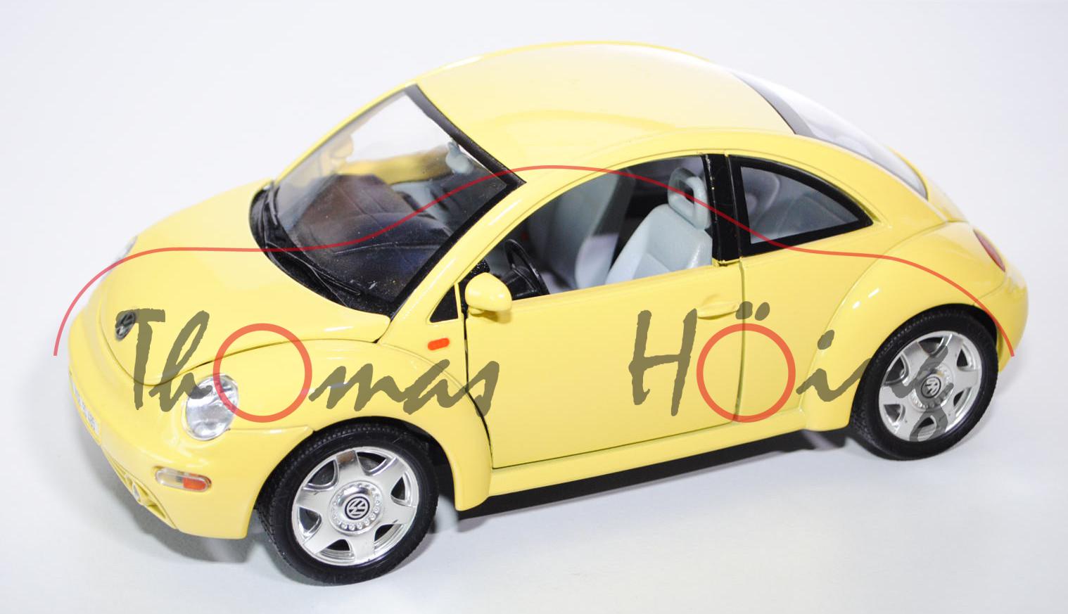 VW New Beetle (1998), schwefelgelb, innen grau, Bburago, 1:18