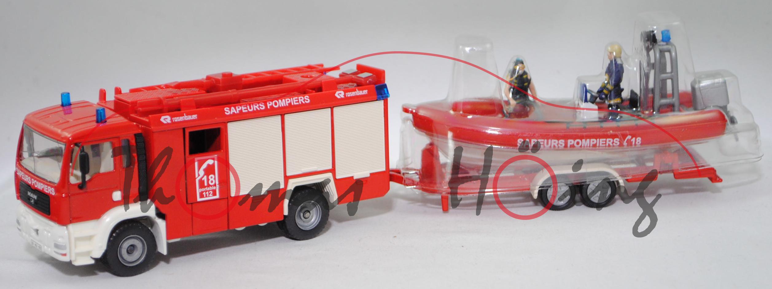 00100 F HLF 20 MAN TGA mit Anhänger + Boot, SAPEURS POMPIERS, SIKU, L17P (Scheibe gesprungen)