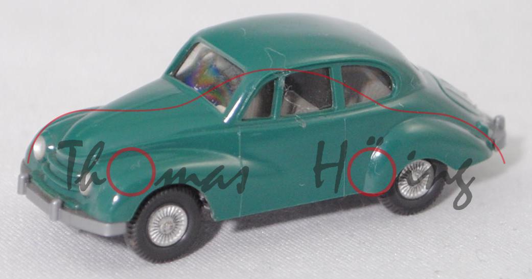 001 DKW Meisterklasse (Typ F 89 P, Modell 1950-1954), patinagrün, Wiking, 1:87 (Achsen oxydiert)