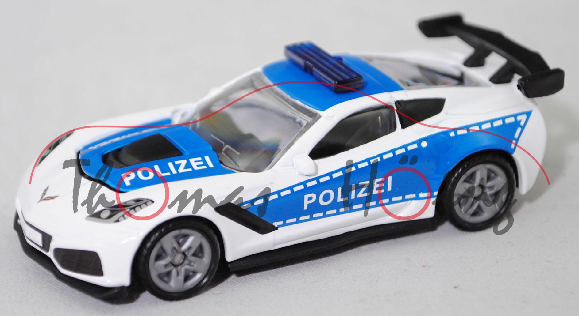 00001 Chevrolet Corvette ZR1 Coupé (C7, Mod. 18-19) Polizei, weiß, Corvette-Logo in silber/schwarz/rot, SIKU, 1:56, P29e