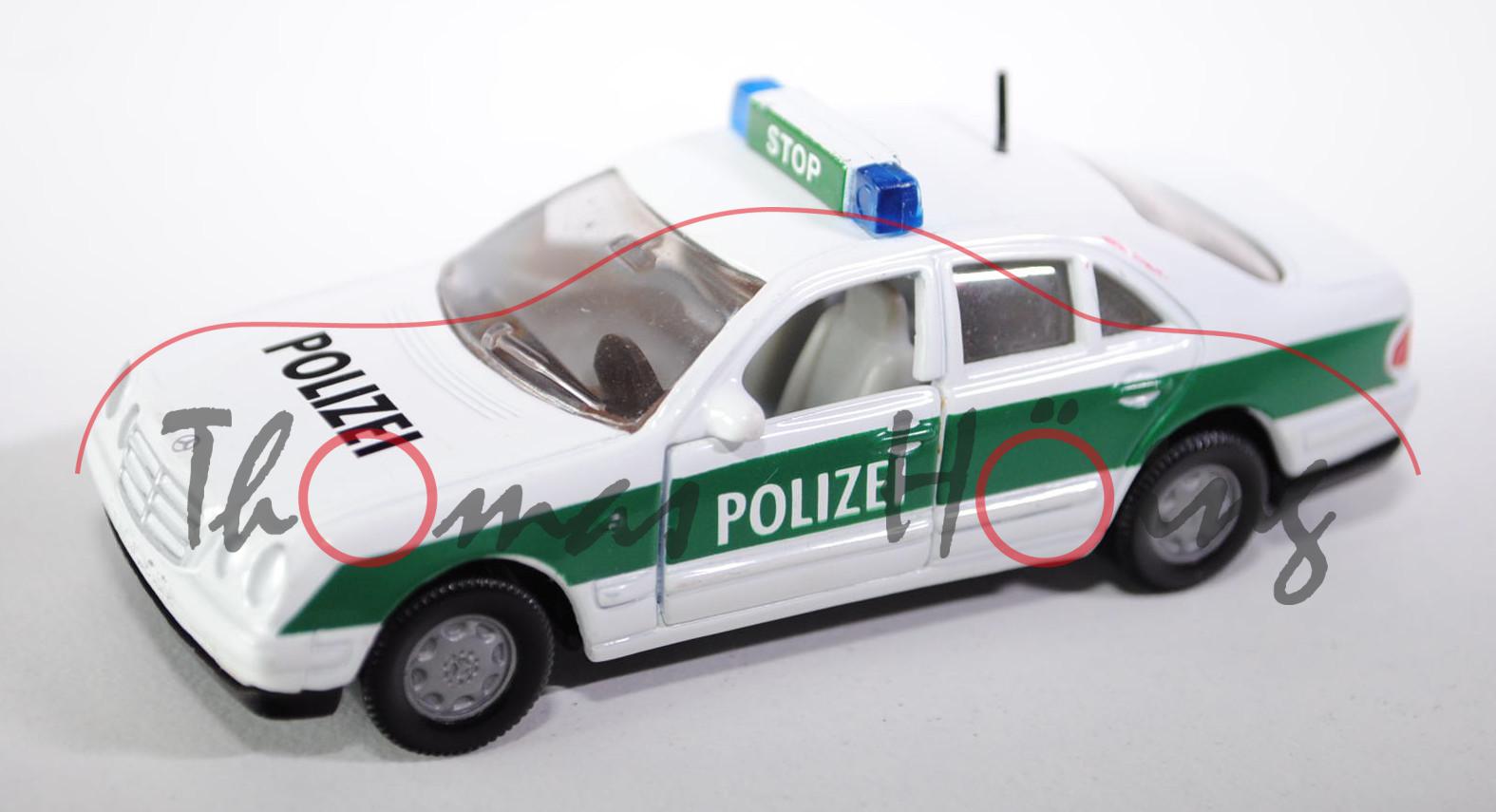 Mercedes E 230 Peterwagen, reinweiß/grün, innen lichtgrau, Lenkrad schwarz, POLIZEI, B7, kleiner Lac