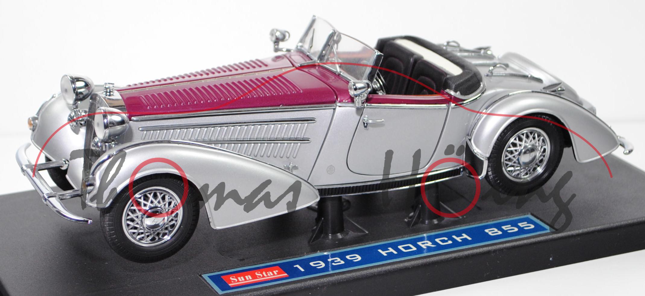 Horch 855 Special-Roadster (Modell 38-39), silbergraumet./bordeauxviolettmet., Sun Star, 1:18, mb