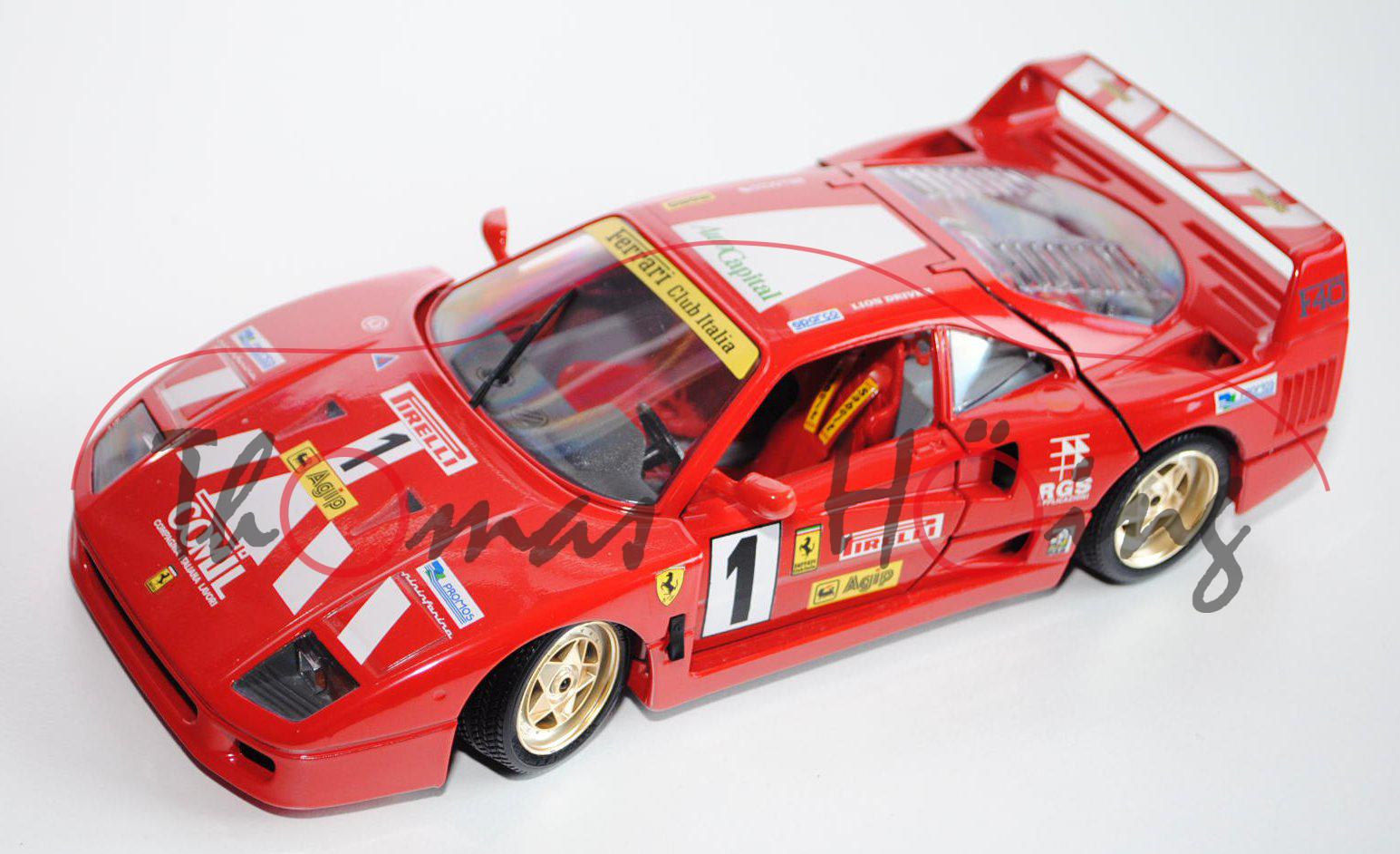 Ferrari F40 evoluzione (1987), rot, mit Werbedecal sparco LION DRIVER / BELLOTTO MOMO auf dem Dach,