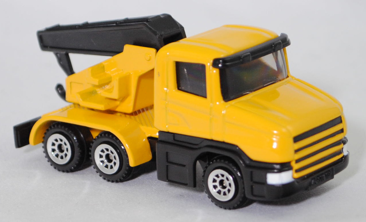 00003 Scania T114GB 6x4 NZ 340 (Serie 4, Fahrerhaustyp CT14, Modell 1995-1998) Abschleppwagen, gelb, Ausleger mit Abschlepphaken schwarz, C1 chrom, SIKU SUPER, 1:86, m