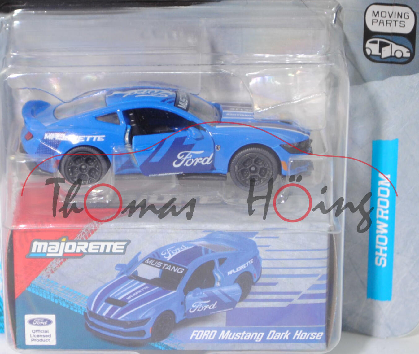 Ford Mustang Dark Horse™ 5.0l Ti-VCT V8 (S650, Typ VII, Modell 2024-) (Nr. 204E), hell-signalblau, mit Sammelschachtel, majorette, 1:64, Blister (SHOWROOM DELUXE CARS)