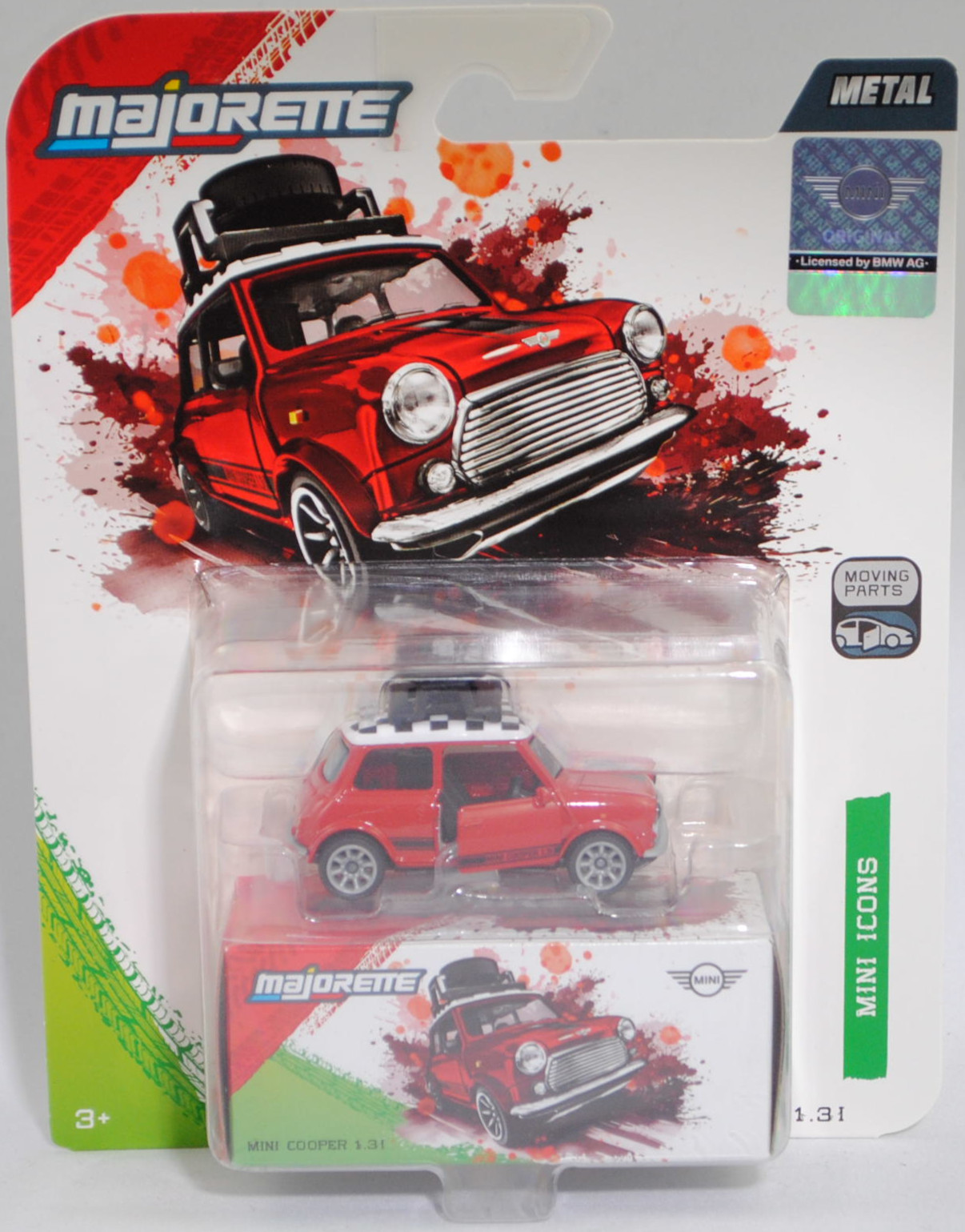 MINI Cooper 1.3i (ADO20, Modellcode XN, 5. Facelift 1991, Modell 1991-1996) mit Dachgepäckträger und Ladegut (Nr. 265E), rot/weiß, majorette, 1:53, Blister (MINI ICONS DELUXE CARS)
