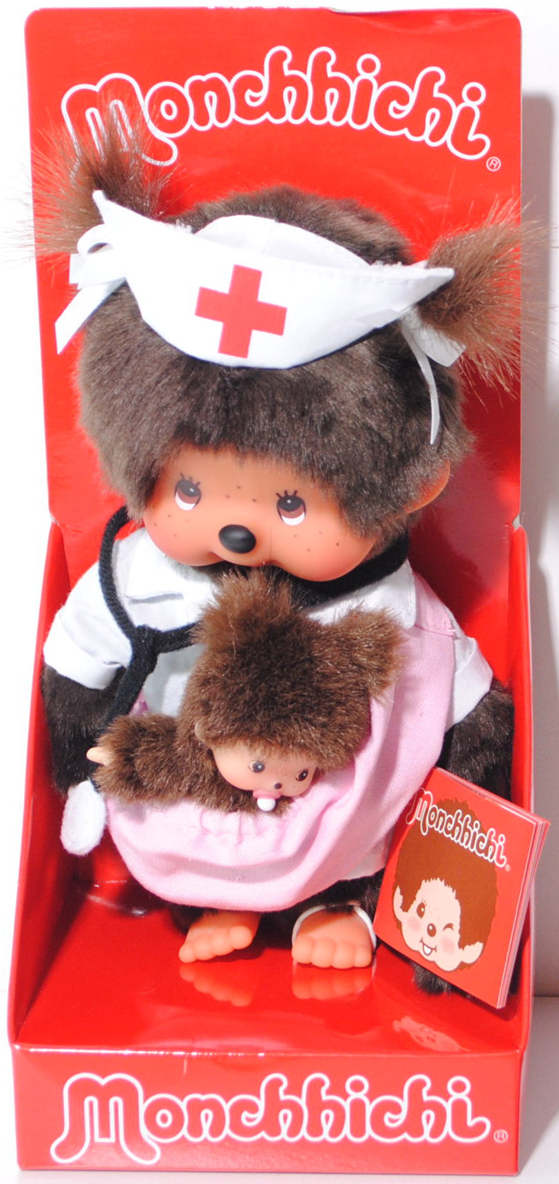 Monchhichi Nurse with New Born Baby Girl (Hebamme / Krankenschwester mit Baby Mädchen), 20 cm groß,