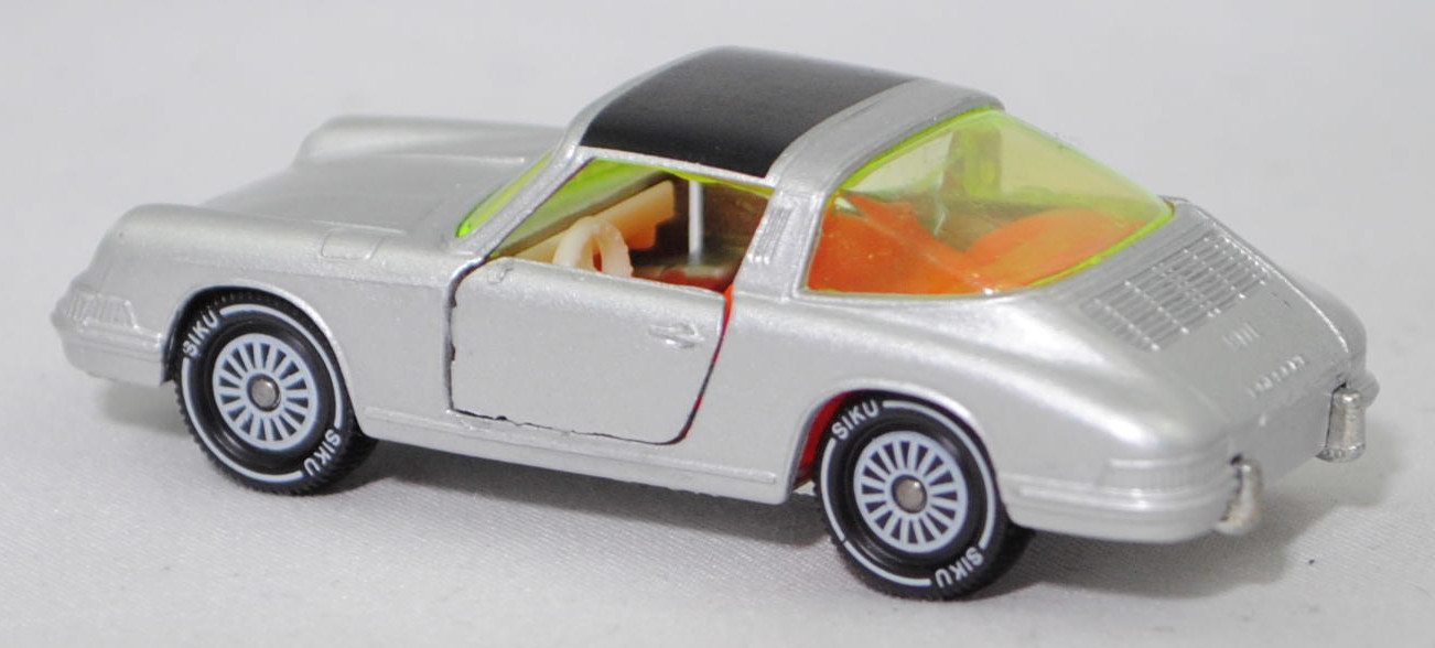 00004 Porsche 911 E Targa (F-Modell bzw. Urmodell, B-Serie, Modell 1968-1969), silber, Lenkrad weiß, Dach schwarz, Bpr. V234 und 1010, W-Germ, Verglasung gelbgrün, R11 gerillt, SIKU, 1:60, m