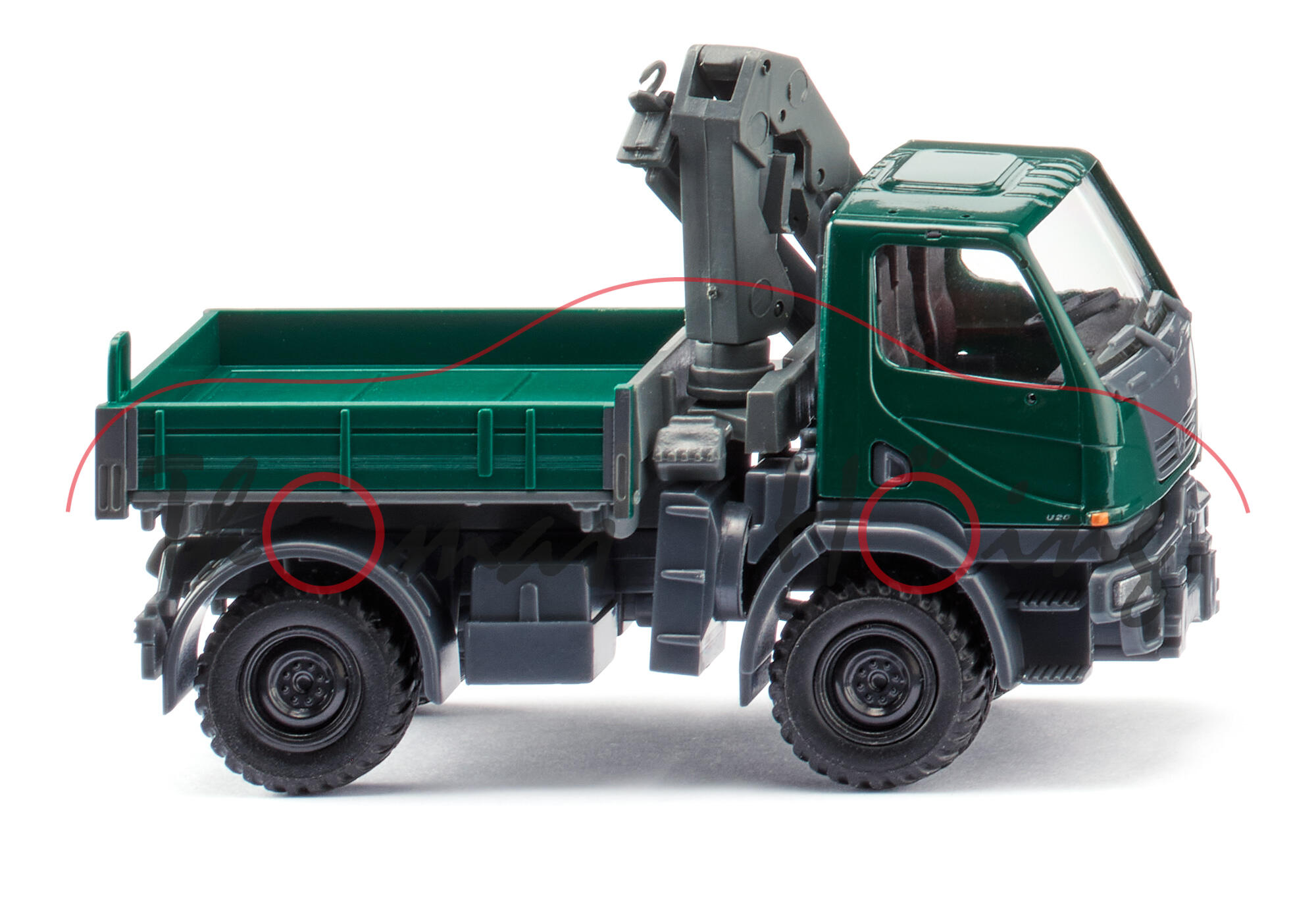 Mercedes-Benz Unimog U 20 (Modell 2007-2013) mit Ladekran, Fahrerhaus moosgrün, Ladekran verkehrsgrau, Wiking, 1:87, mb