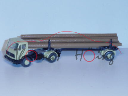 Mercedes Langholz Transporter, grünbeige/schwarz, mit 8 Holzstämmen, Wiking, 1:87, mb